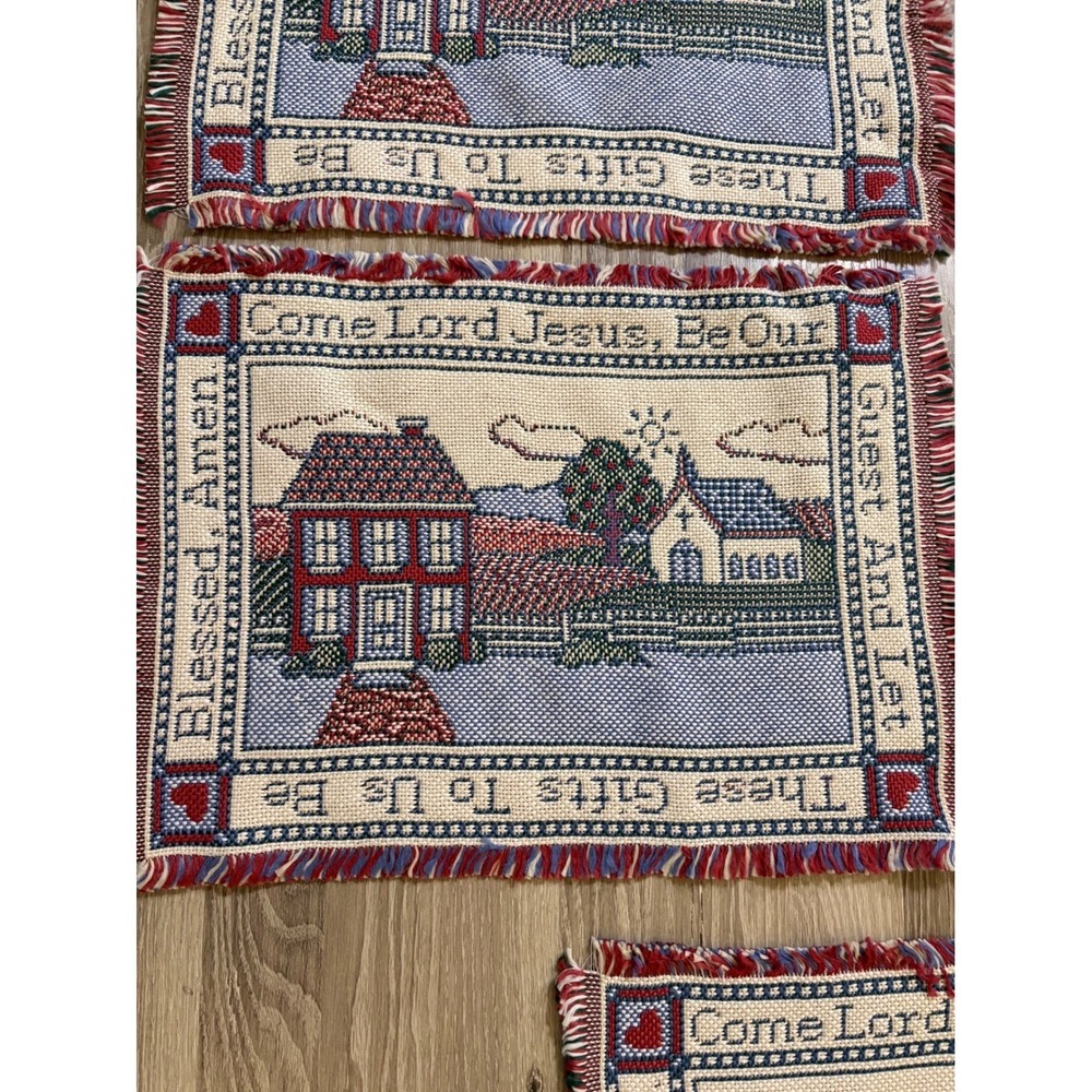 Placemats Set of 5 Woven Tapestry Religious Farmhouse Country Church Americana